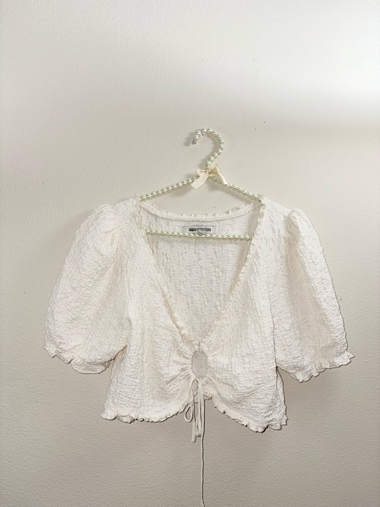 Urban Outfitters Tops - Urban Outfitters Cream Textured Puff-Sleeve Tie-Front Blouse
